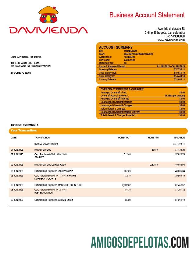 Baixável Davivienda empresa bancária extrato de conta corrente modelo Word e PDF